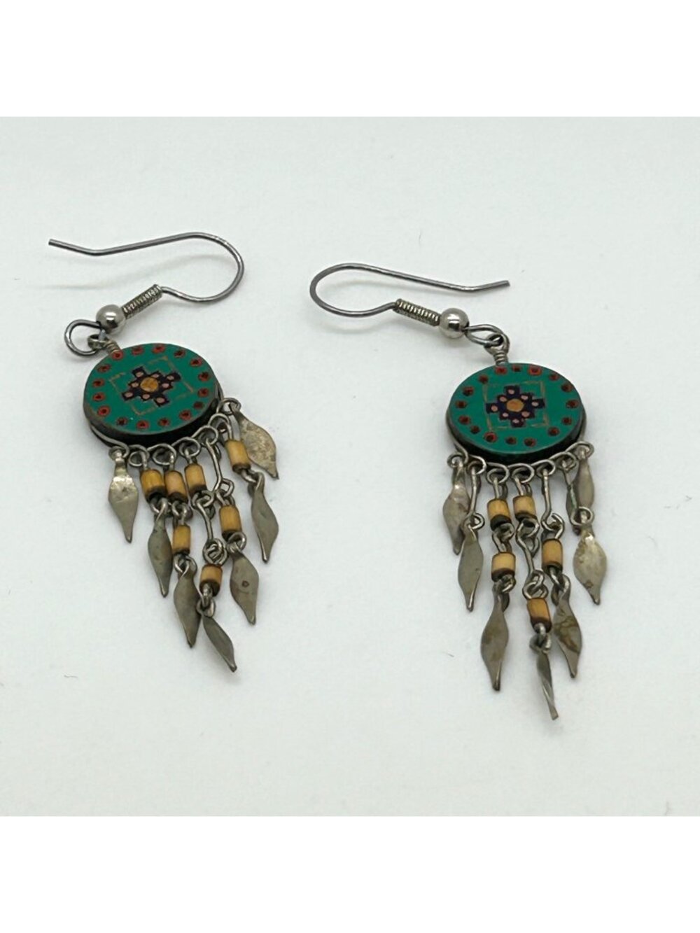 Vintage Southwestern Dangle Earrings Hand Painted Tribal Boho Geometric Fringe